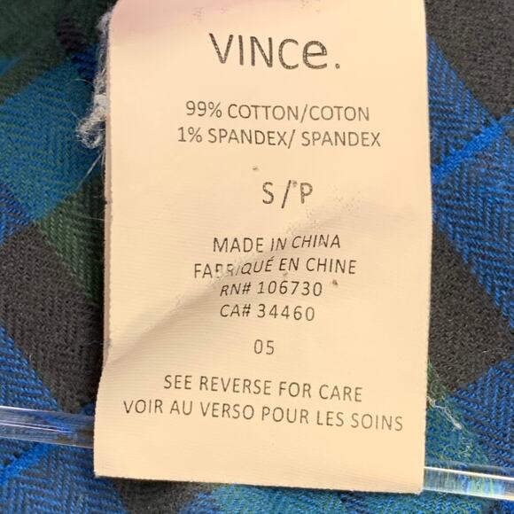 VINCE Size S Green Blue Plaid Cotton Blend Raw Edge Long Sleeve Shirt - Picture 5 of 7